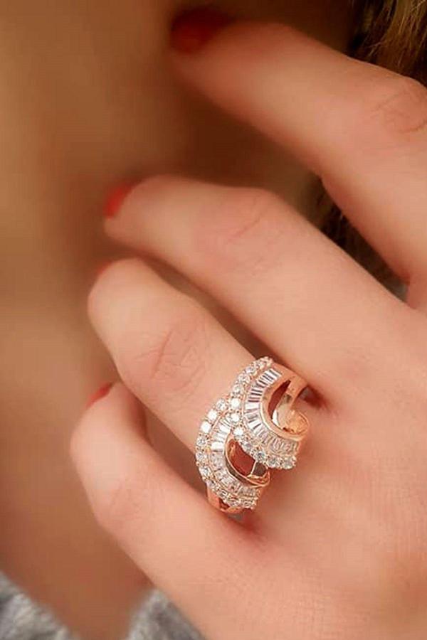 Zirkon Taşlı Baget 925 ayar Gümüş Rose Yüzük - Image 1