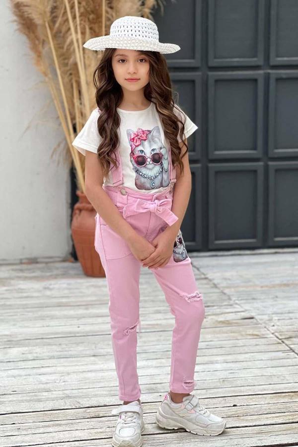 Kız Çocuk Üzeri Digital Baskılı T-shirt Yırtmaç ve Kedi Detaylı Pembe Jean Salopet Takım - Image 1