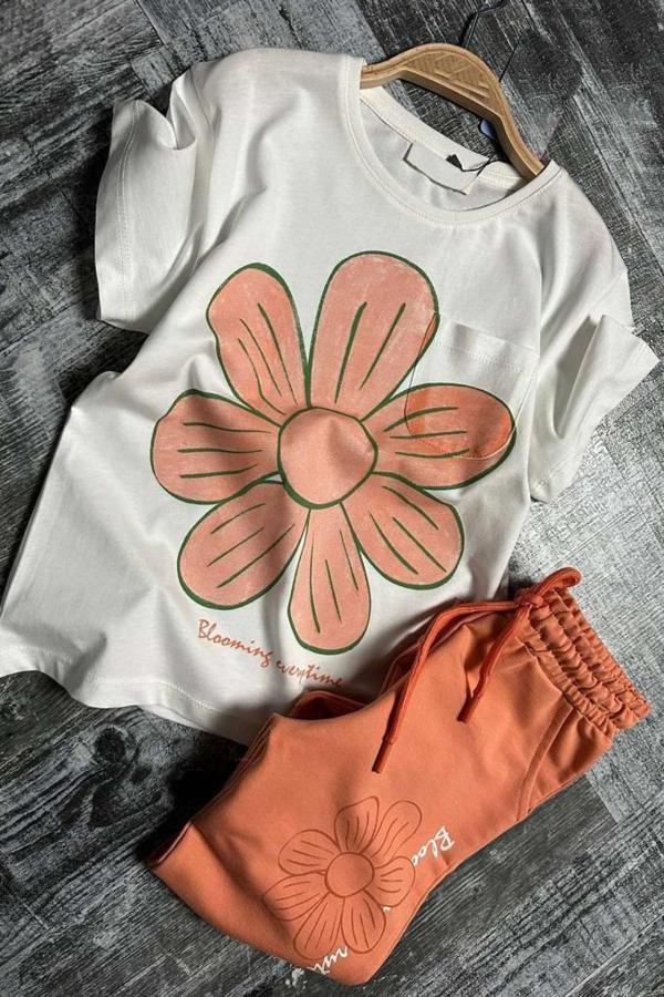 Kız Çocuk Üzeri Papatya Baskılı T-Shirt Çift Cepli Lastikli Turuncu Pijama Takımı - Image 1