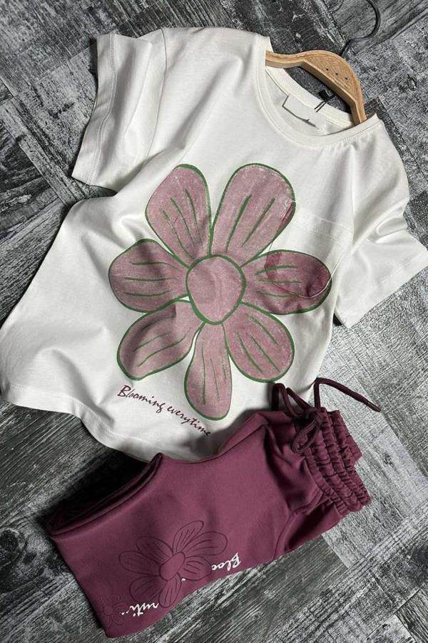 Kız Çocuk Üzeri Papatya Baskılı T-Shirt Çift Cepli Lastikli Mor Pijama Takımı - Image 1