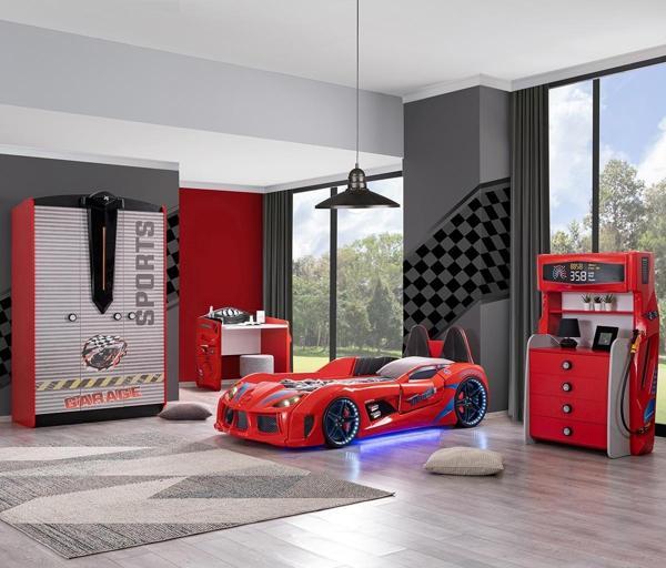 Çocuk Odası - Audi Koltuklu Arabalı Yatak - Sport 3 Kapılı Dolap, Masa, Şifonyer- Kırmızı - Image 1
