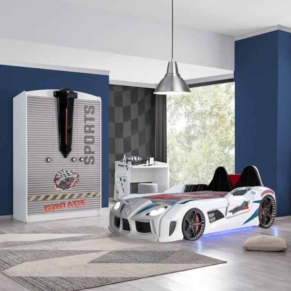 Çocuk Odası - Audi Koltuklu Arabalı Yatak, Sports 3 Kapılı Dolap, Masa - Beyaz - Image 1