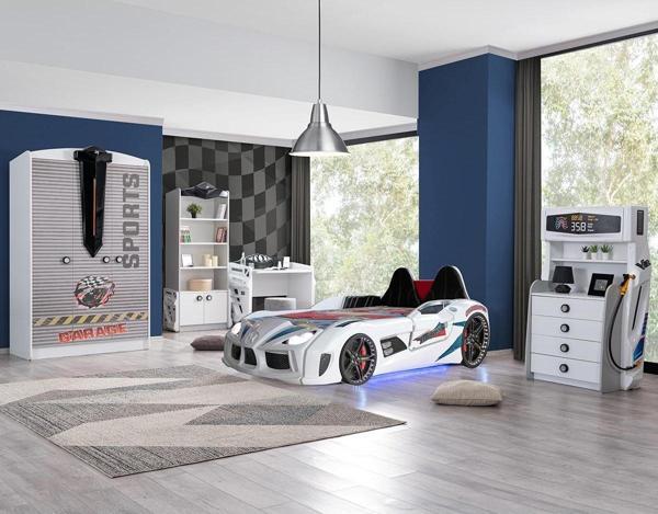 Çocuk Odası - Audi Koltuklu Arabalı Yatak, Sports 3 Kapılı Dolap, Masa, Şifonyer, Kitaplık - Beyaz - Image 1