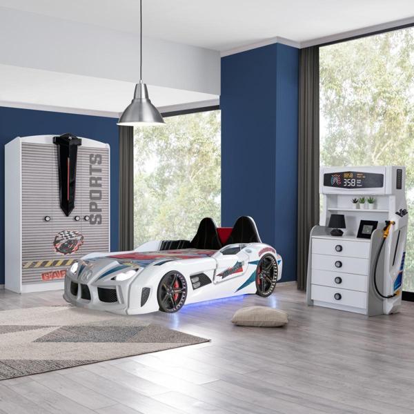 Çocuk Odası - Audi Koltuklu Arabalı Yatak, Sports 3 Kapılı Dolap, Şifonyer - Beyaz - Image 1