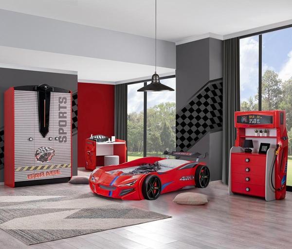 Çocuk Odası - Jaguar Rüzgarlıklı Arabalı Yatak - Sport 3 Kapılı Dolap, Masa, Şifonyer - Kırmızı - Image 1