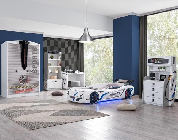 Çocuk Odası - Mercedes Arabalı Yatak, Sports 3 Kapılı Dolap, Masa, Şifonyer, Kitaplık - Beyaz - Image 1