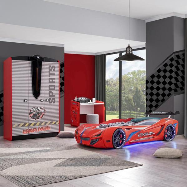 Çocuk Odası - Mercedes Rüzgarlıklı Arabalı Yatak - Sport 3 Kapılı Dolap, Masa - Kırmızı - Image 1