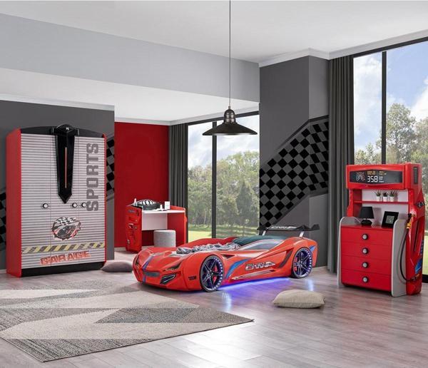 Çocuk Odası - Mercedes Rüzgarlıklı Arabalı Yatak - Sport 3 Kapılı Dolap, Masa, Şifonyer - Kırmızı - Image 1