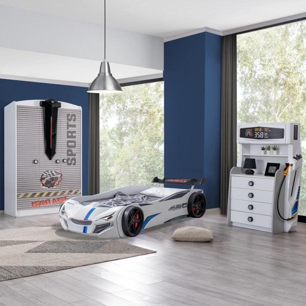 Çocuk Odası - Merso Arabalı Yatak - Sport 3 Kapılı Dolap, Şifonyer - Beyaz - Image 1