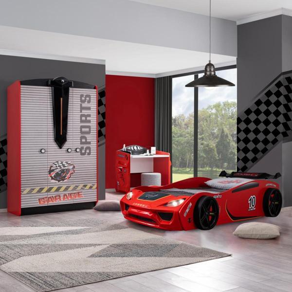 Çocuk Odası - Vento Arabalı Yatak - Sport 3 Kapılı Dolap, Masa - Kırmızı - Image 1