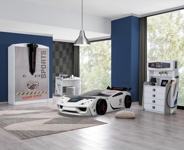 Çocuk Odası - Vento Arabalı Yatak - Sport 3 Kapılı Dolap, Masa, Şifonyer - Beyaz - Image 1