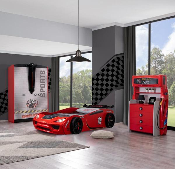 Çocuk Odası - Vento Arabalı Yatak - Sport 3 Kapılı Dolap, Şifonyer - Kırmızı - Image 1