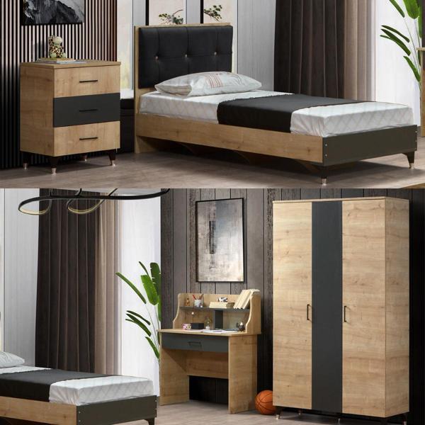 Dark Genç Odası - 3 Kapılı Dolap, Karyola, Şifonyer, Çalışma Masası - Image 1