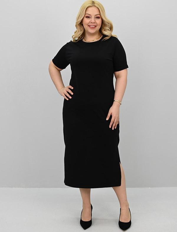 Kadın Büyük Beden Kısa Kollu Yırtmaç Detaylı Basic Elbise 5309-25 - Image 1