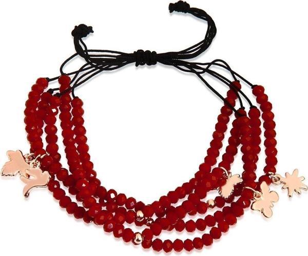 Kadın Parlak Boncuklu Rose Gold Charm'lı İpli Ayarlanabilir Bileklik Bordo - Image 1