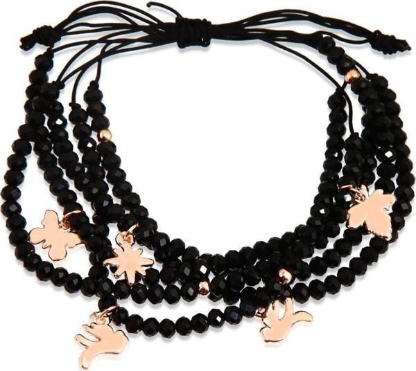 Kadın Parlak Boncuklu Rose Gold Charm'lı İpli Ayarlanabilir Bileklik Siyah - Image 1