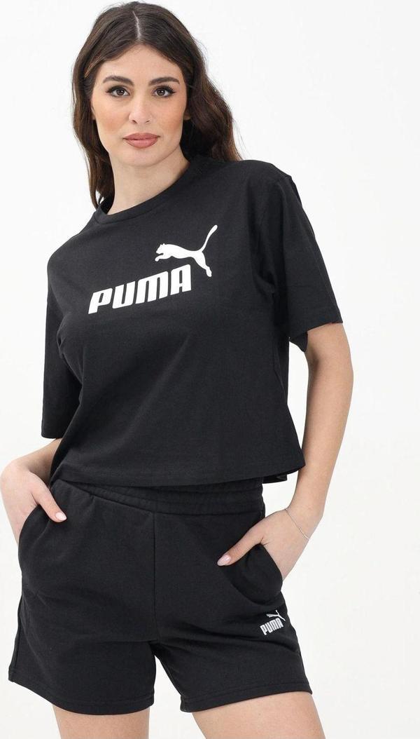 Puma Kadın Ess No.1 Logo Cropped Kısa Kollu Siyah T-shirt - 68497201 - Image 1