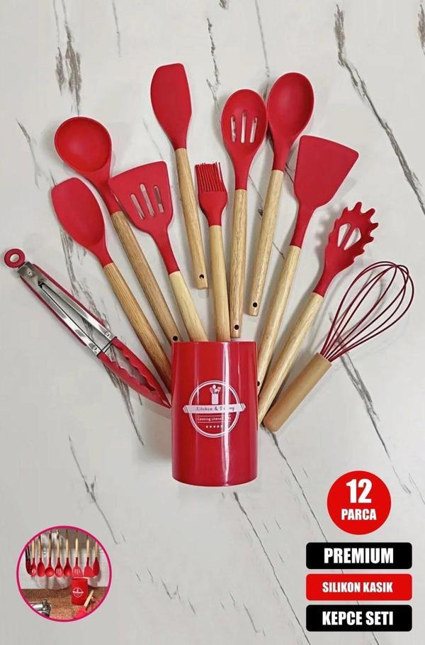 12'li Silikon Kevgir Kepçe Kaşık Fırça Spatula Çırpıcı Maşa Servis Seti Bambu Kırmızı Mutfak Takımı - Image 1
