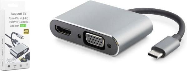 Hadron Hdx7839 Type-C To Hub Hdtv 4K 30Hz + Type-C + Usb + Vga 4İn1 Gri - Image 1