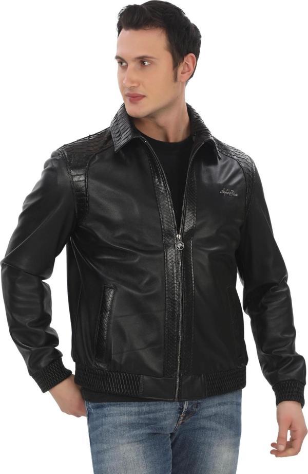 Hakiki Kuzu Derisi Bomber Mont Yılan Derisi Detaylı Fermuarlı Deri Ceket Şık ve Rahat Günlük Derimon - Image 1