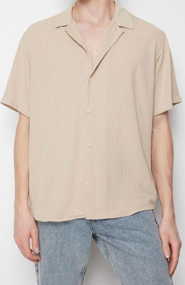 Moda Erkek Apaş Yaka Düz Desen Günlük Oversize Fit Yazlık Kısa Kollu Keten Görünümlü Gömlek - Image 1
