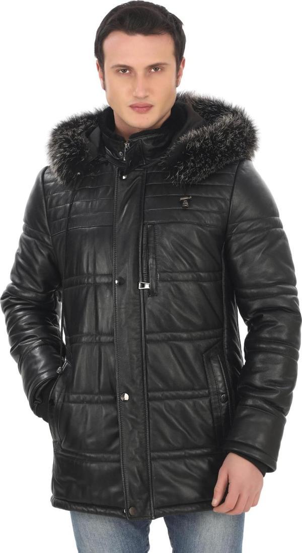 Erkek Hakiki Kuzu Derisi Kışlık Parka Kapüşonlu Kürklü Deri Mont Şişme Mont Gerçek Deri Kaban - Image 1