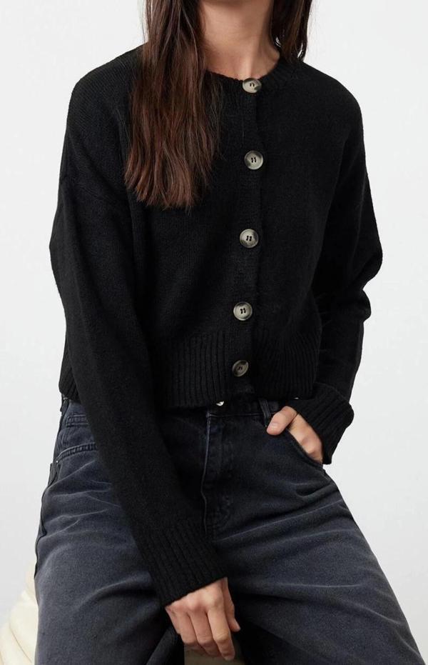 Kadın Modern Tarz Regular Bisiklet Yaka Crop Triko Hırka - Image 1