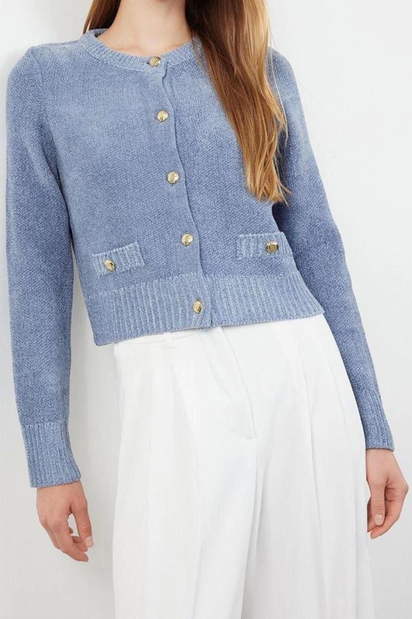 Kadın Modern Tarz Regular Bisiklet Yaka Crop Triko Hırka - Image 1