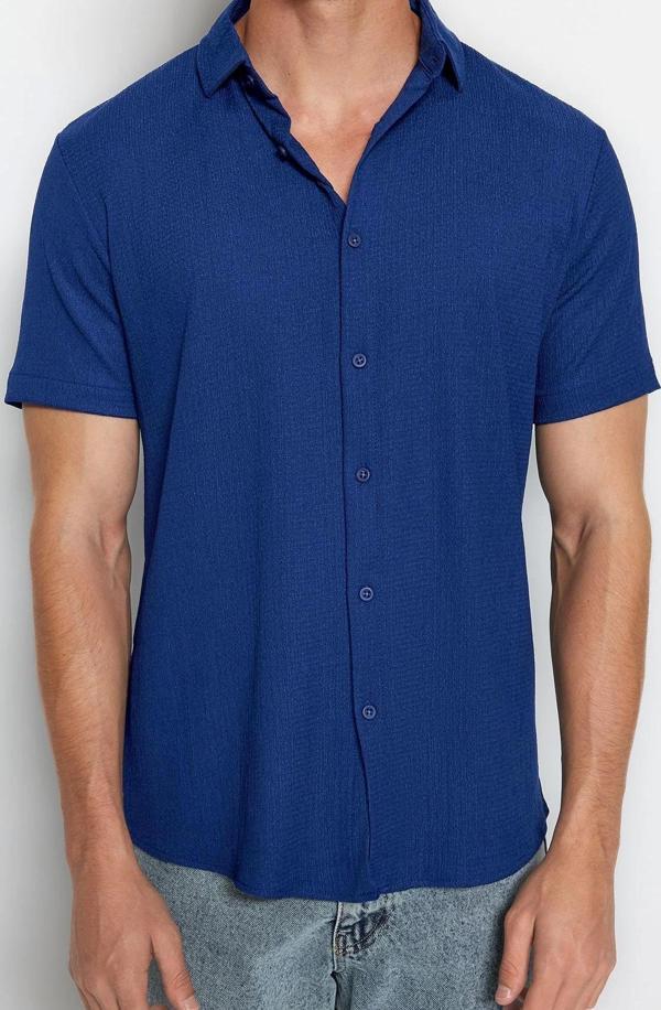 Erkek Moda Kısa Kol Örme Siyah Regular Fit Kısa Kol Yazlık Dokulu Örme Gömlek - Image 1