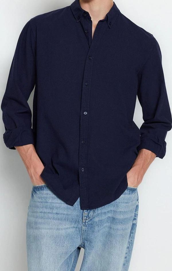 Moda Erkek Gömlek Yaka Düz Desen Günlük Mavi Unisex Regular Fit %100 Pamuk Keten Görünümlü Gömlek - Image 1