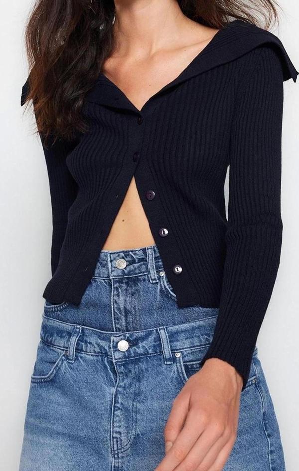 Kadın Modern Tarz Slim Devrik Yaka Regular Triko Hırka - Image 1