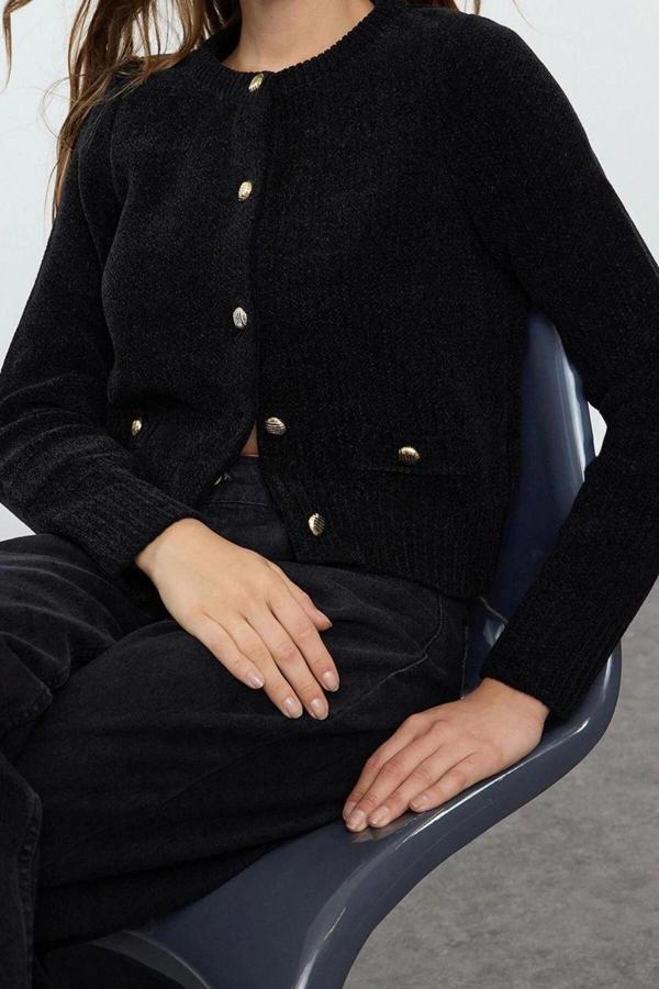 Kadın Modern Tarz Regular Bisiklet Yaka Crop Triko Hırka - Image 1