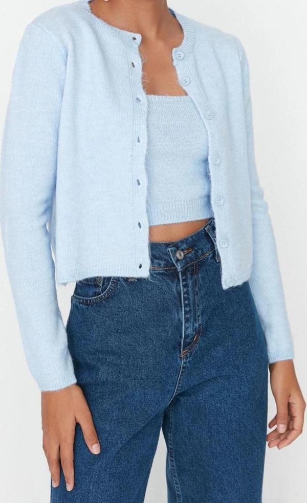 Kadın Modern Tarz Slim Bisiklet Yaka Crop Triko Takım - Image 1