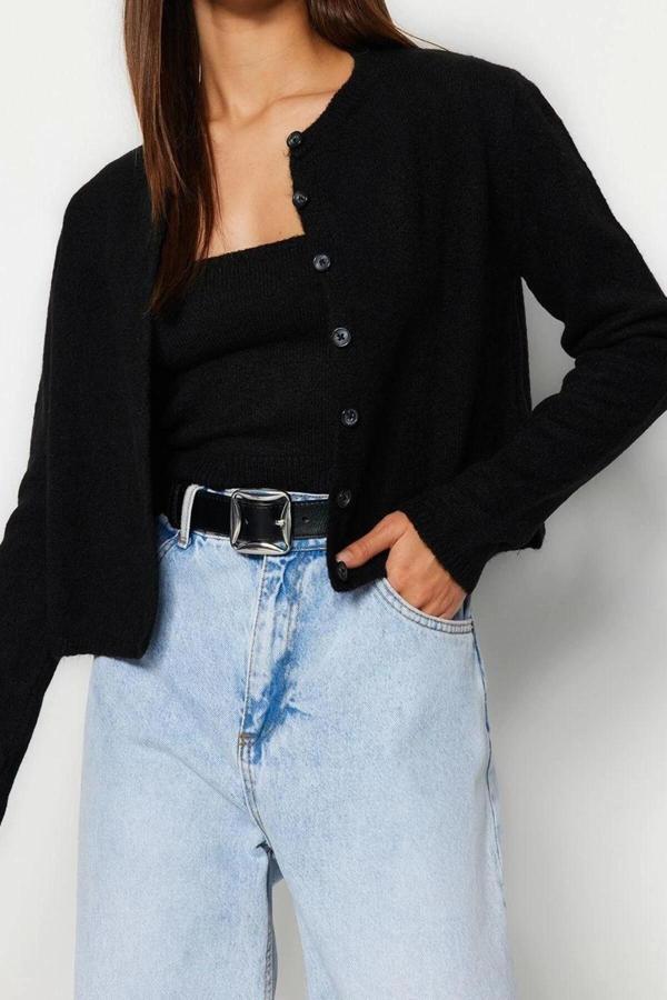 Kadın Modern Tarz Slim Bisiklet Yaka Crop Triko Takım - Image 1