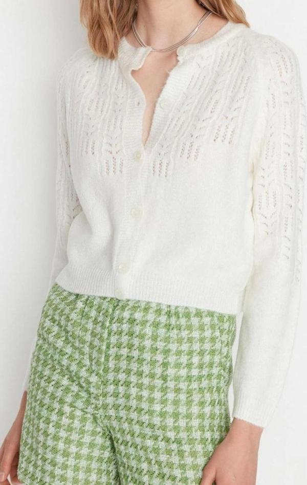 Kadın Modern Tarz Regular Bisiklet Yaka Crop Triko Hırka - Image 1