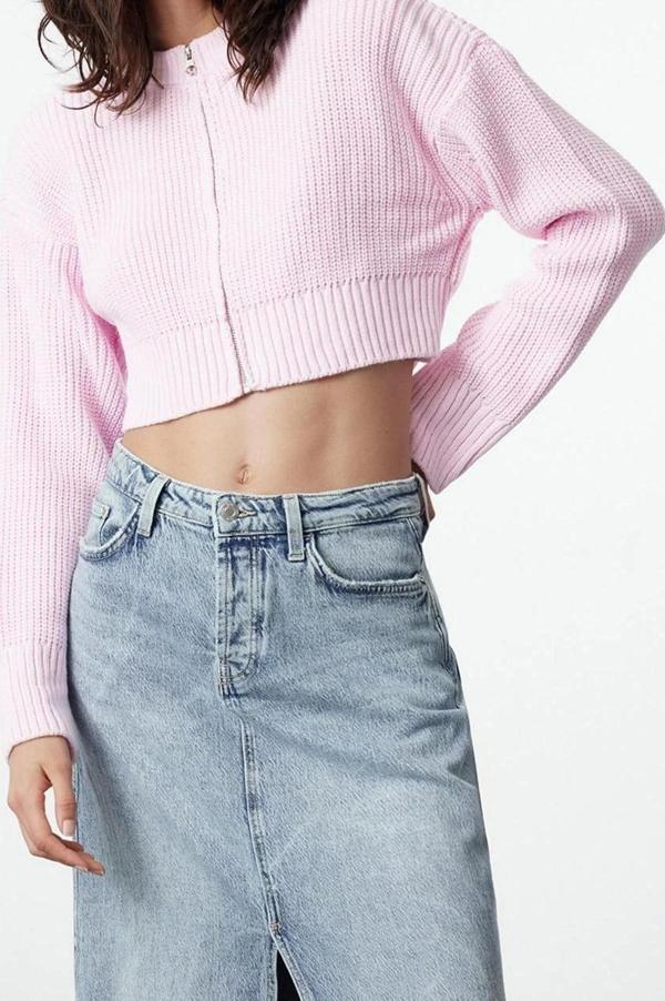 Kadın Modern Tarz Regular Bisiklet Yaka Crop Triko Hırka - Image 1