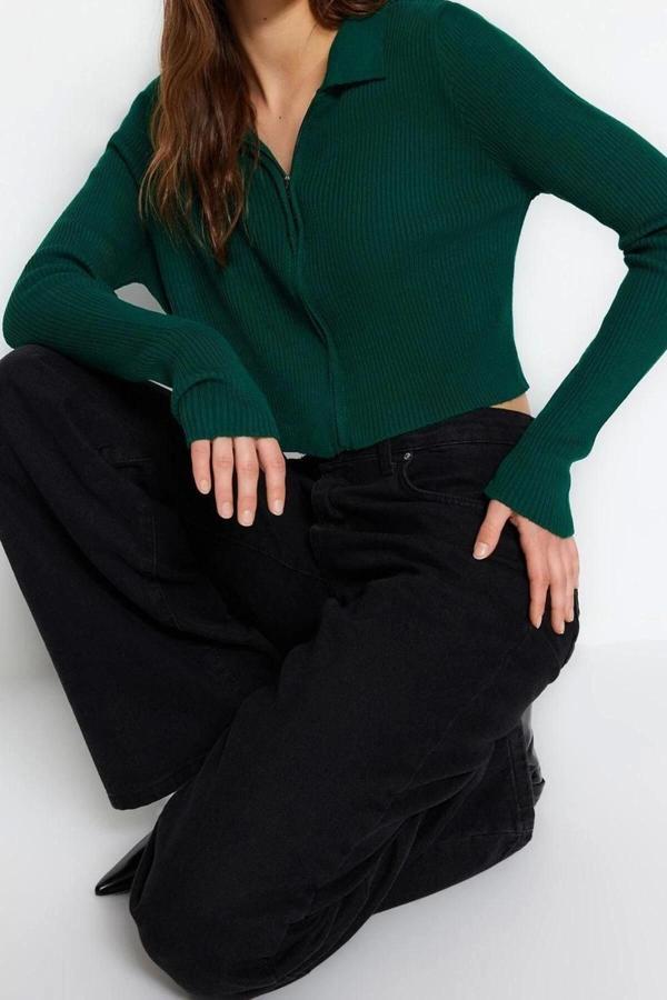 Kadın Modern Tarz Slim Polo Yaka Crop Triko Hırka - Image 1