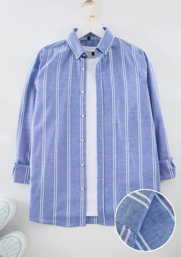 Moda Erkek Düğmeli Yaka Çizgili Desen Günlük İnce Çizgili Gömlek - Image 1