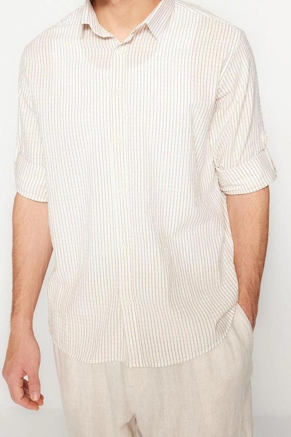 Moda Erkek Gömlek Yaka Çizgili Desen Günlük Regular Fit Keten Karışımlı Çizgili Gömlek - Image 1