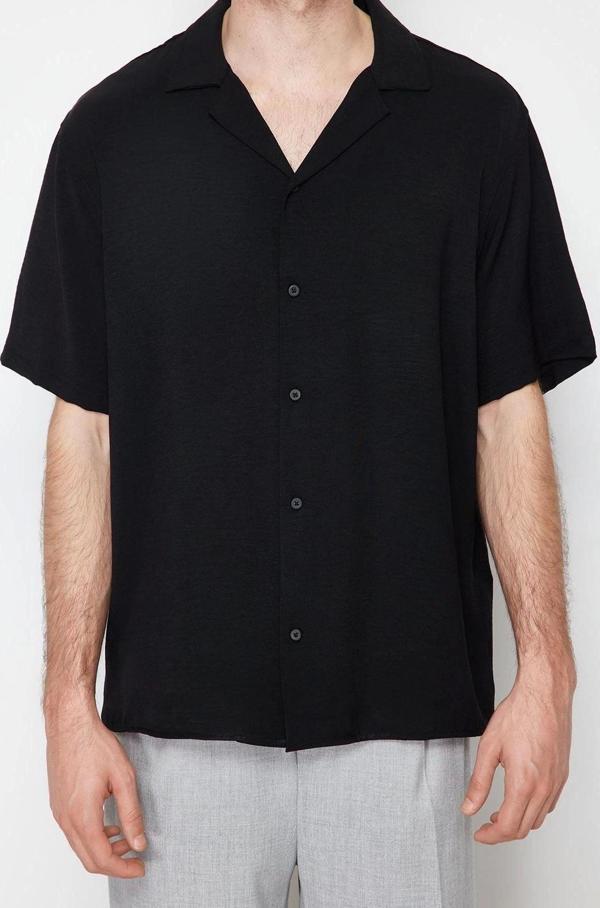 Moda Erkek Apaş Yaka Düz Desen Günlük Oversize Fit Yazlık Kısa Kollu Keten Görünümlü Gömlek - Image 1