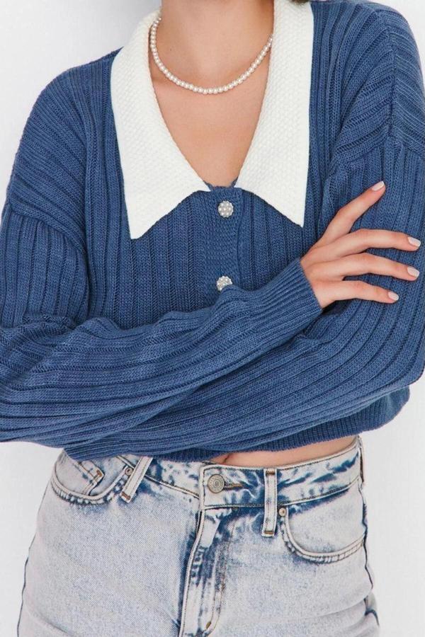 Kadın Modern Tarz Regular Bebe Yaka Crop Triko Hırka - Image 1