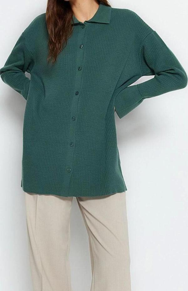 Kadın Modern Tarz Relaxed Polo Yaka Regular Triko Hırka - Image 1