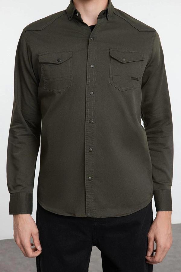 Moda Erkek Gömlek Yaka Düz Desen Günlük Regular Çıt Çıtlı Gömlek - Image 1