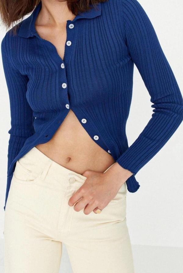 Kadın Modern Tarz Slim Polo Yaka Regular Triko Hırka - Image 1