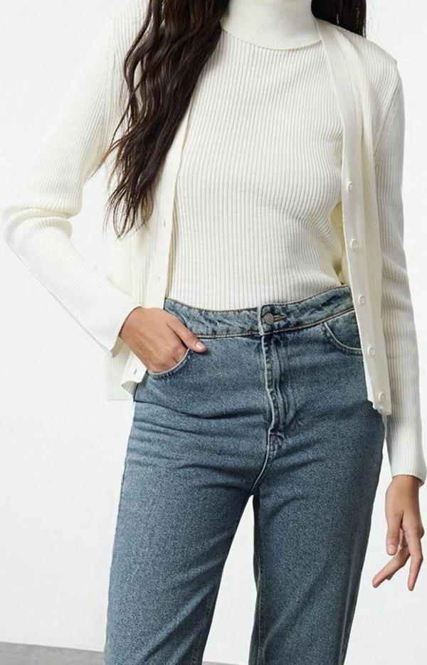 Kadın Modern Tarz Slim V Yaka Regular Triko Bluz-Hırka Takım - Image 1