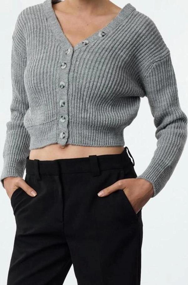Kadın Modern Tarz Regular V Yaka Crop Triko Hırka - Image 1