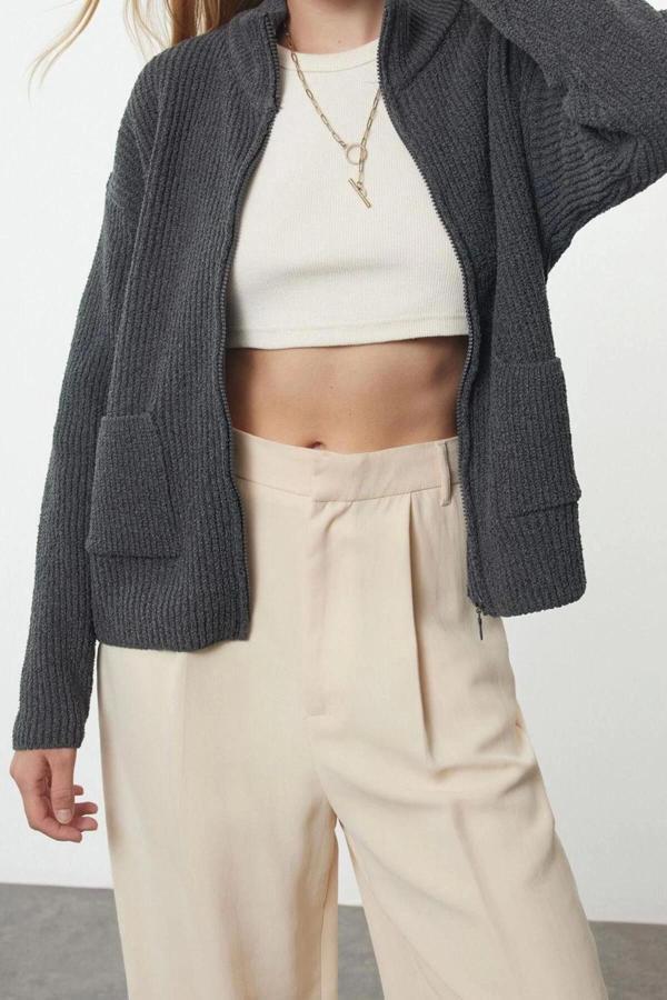 Kadın Modern Tarz Oversize Dik Yaka Regular Triko Hırka - Image 1