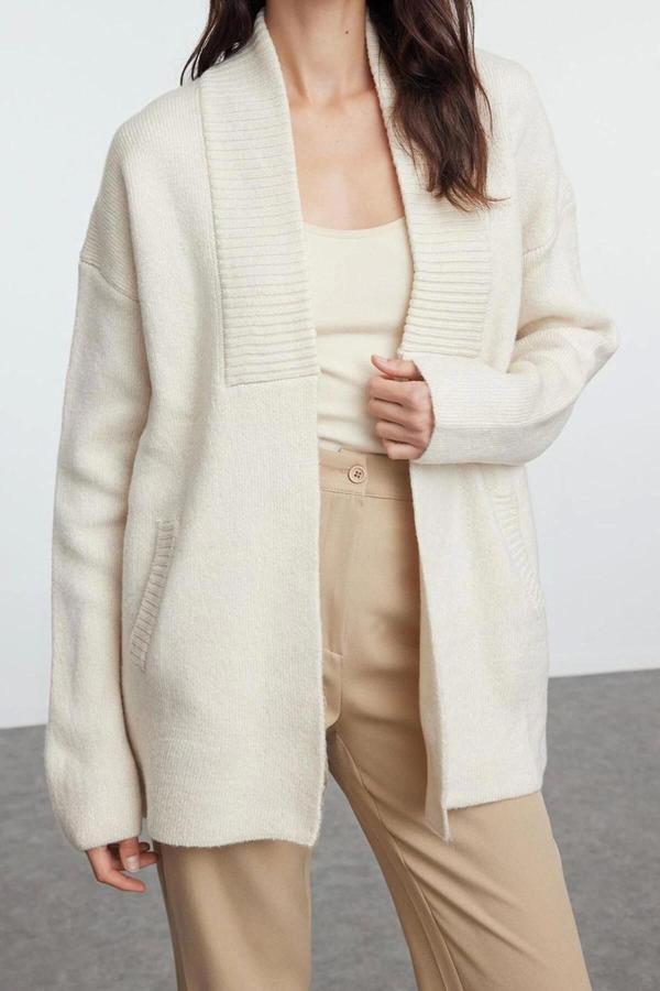 Kadın Modern Tarz Oversize Şal Yaka Midi Triko Hırka - Image 1