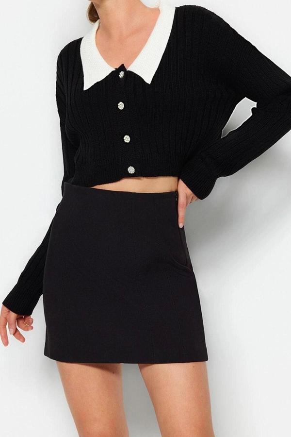 Kadın Modern Tarz Regular Bebe Yaka Crop Triko Hırka - Image 1