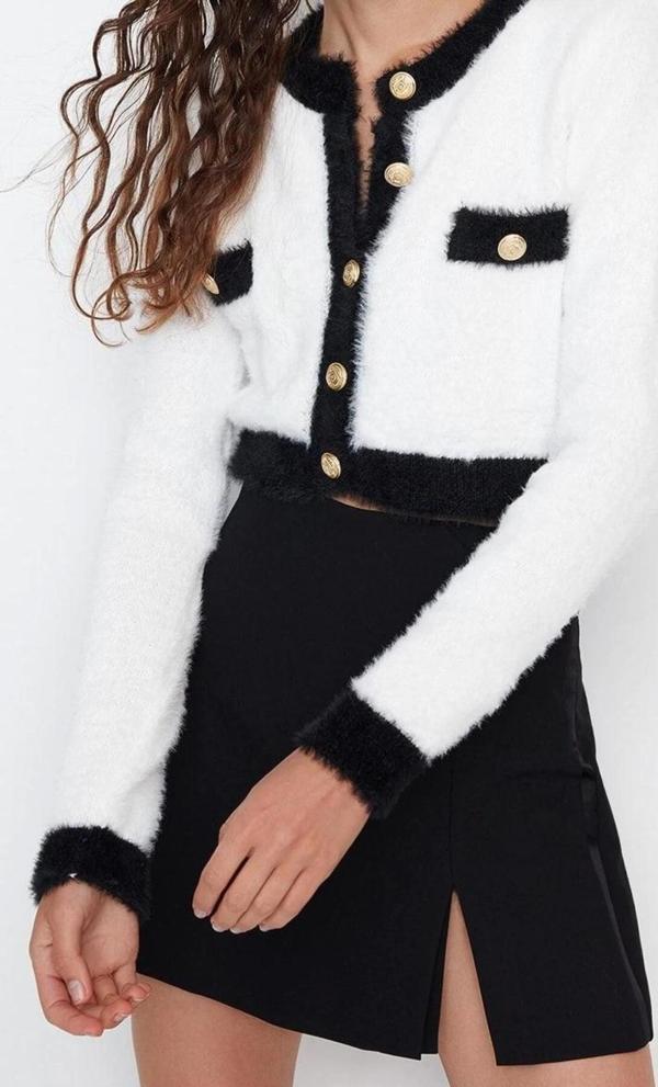 Kadın Modern Tarz Slim Bisiklet Yaka Crop Triko Hırka - Image 1